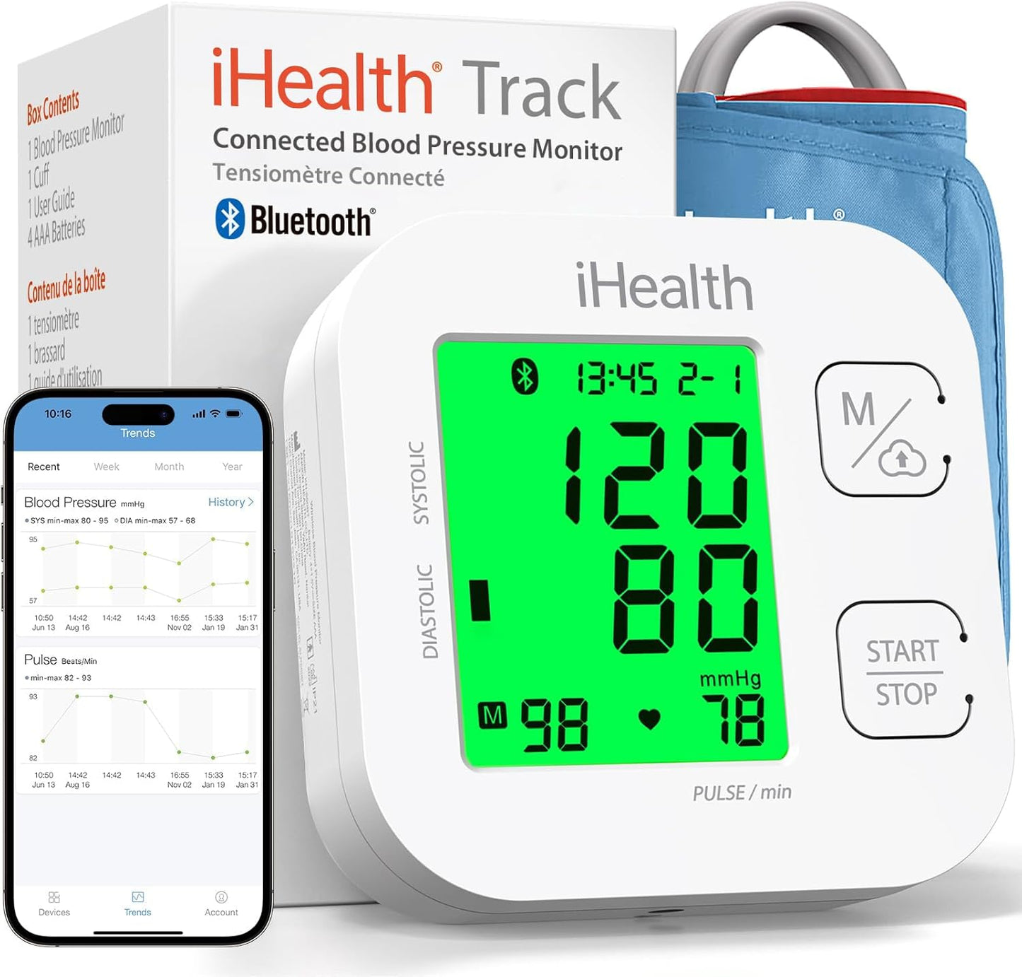 Track Smart Upper Arm Blood Pressure Monitor with Wide Range Cuff