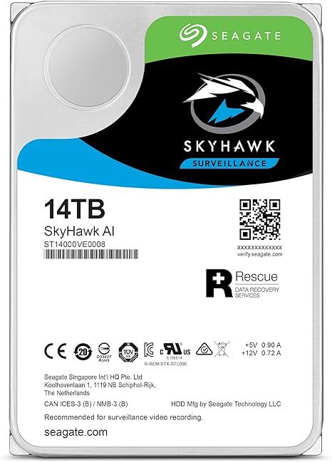 Seagate SkyHawk AI - 14TB Surveillance Internal Hard Drive, 3.5 - Inch SATA, 6Gb/s, 256MB Cache with Drive Health Management + 3 - Year Rescue Service (ST14000VE0008) - The HDDs
