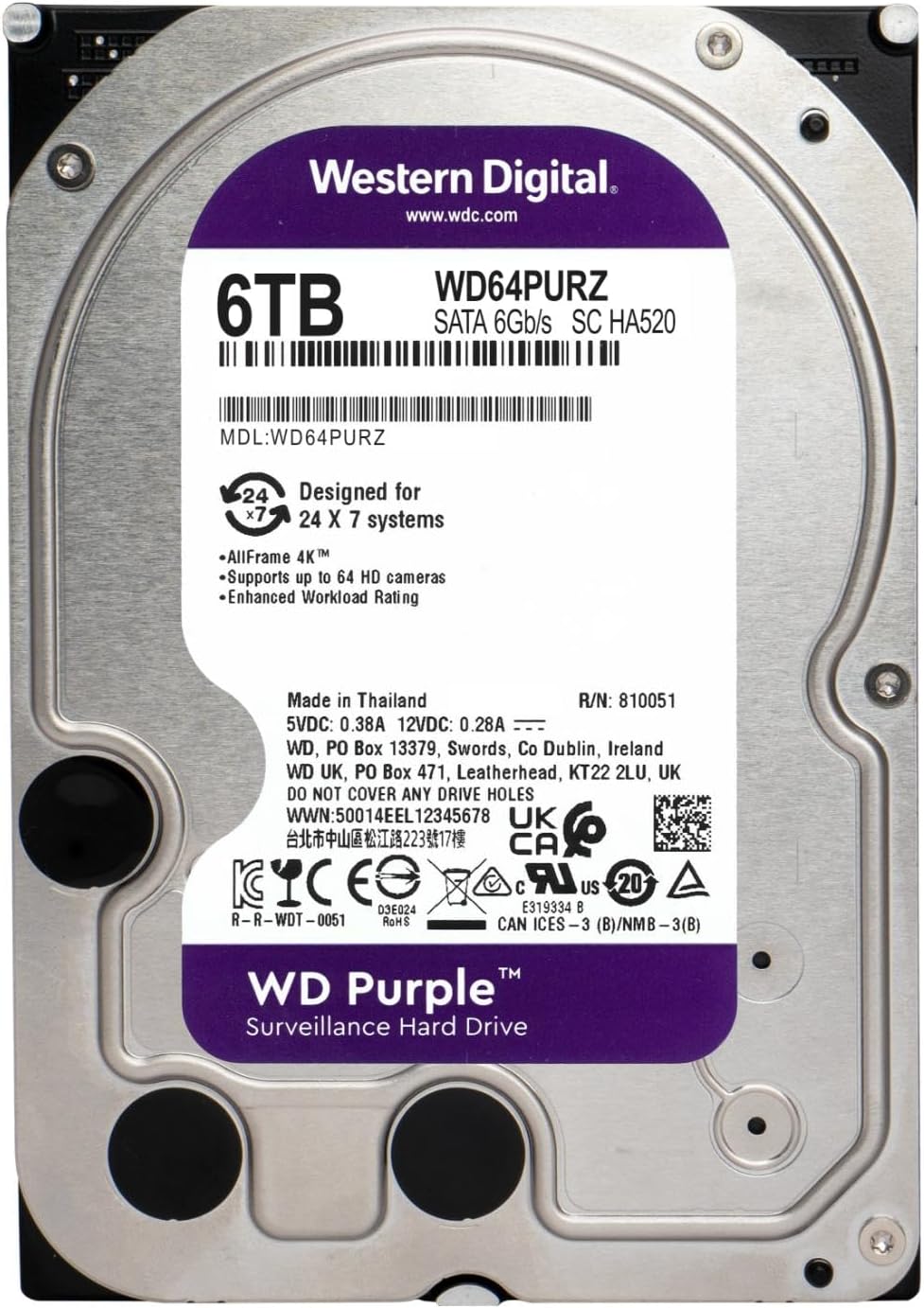 Western Digital 6TB WD Purple Surveillance Internal Hard Drive HDD - SATA 6 Gb/s, 256 MB Cache, 3.5" - WD64PURZ - The HDDs